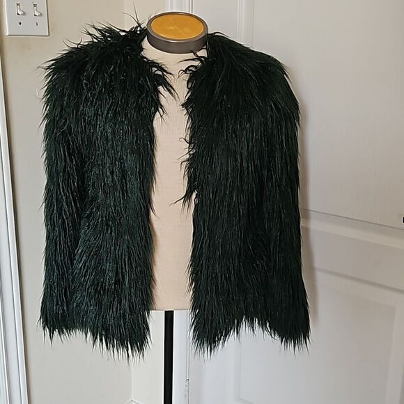 Zara Women's Faux Fur Open Front Feather Coat With Long Sleeves Forest Green Med - Picture 1 of 16